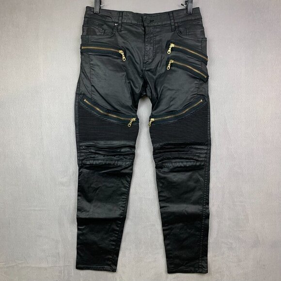 Robins Jean Mens Pants 33x30 Black Zippers Moto Slim Faux Leather L-Flap Biker - Picture 1 of 16